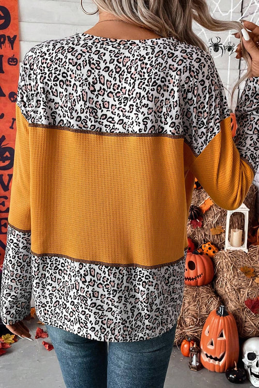 Leopard Print Waffle Knit Patchwork Top - Necessities Boutique