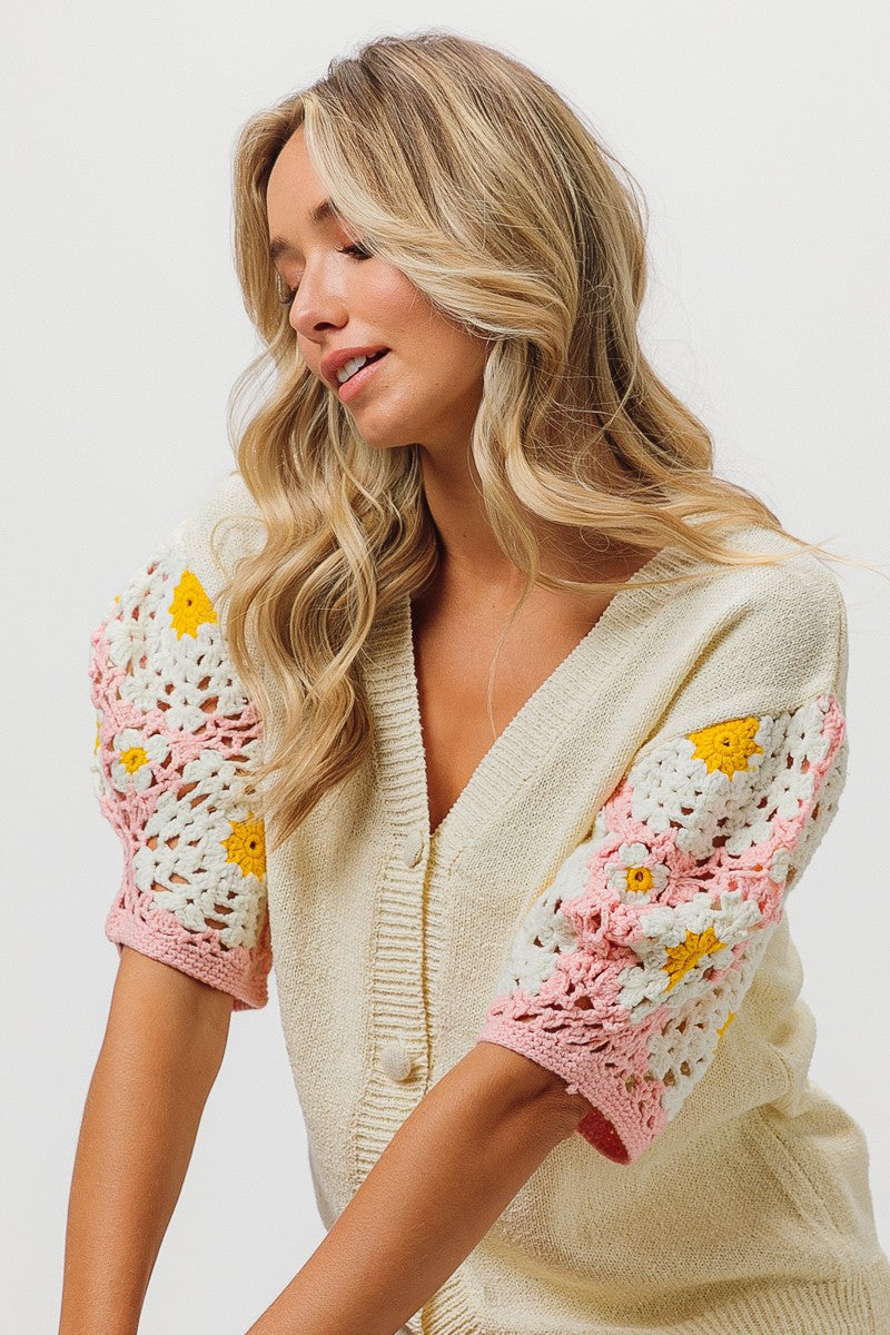 BiBi Crocheted Flower Sleeve Cardigan - Necessities Boutique