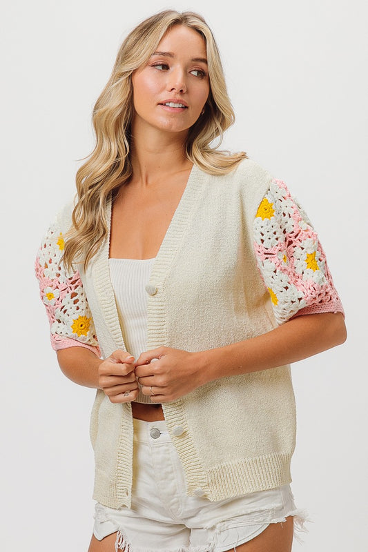 BiBi Crocheted Flower Sleeve Cardigan - Necessities Boutique