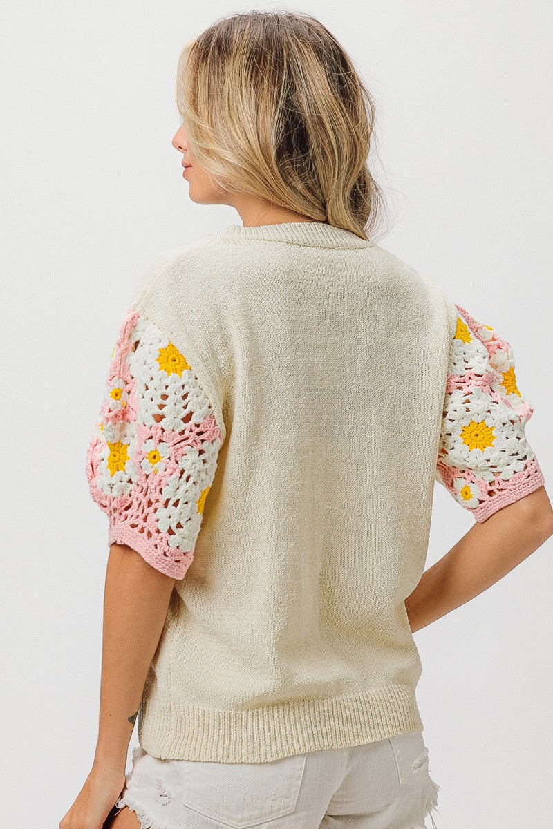 BiBi Crocheted Flower Sleeve Cardigan - Necessities Boutique