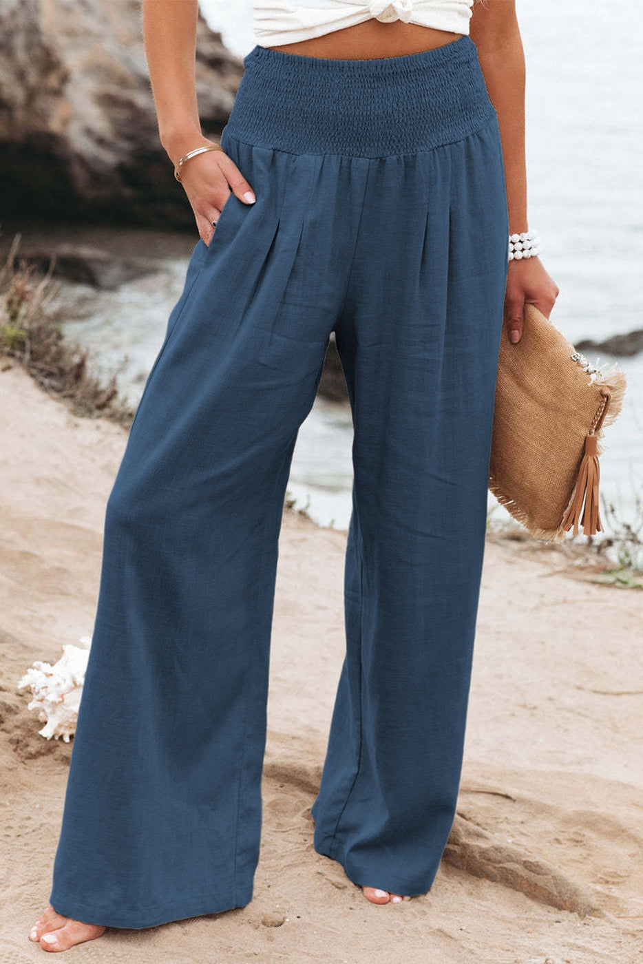 Shiying Smocked Wide Waistband Wide Leg Pants - Necessities Boutique