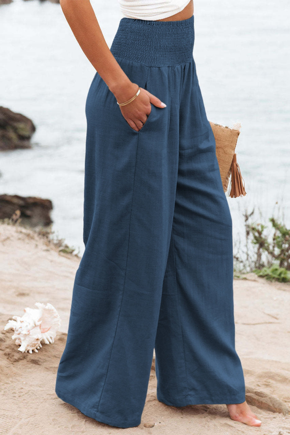 Shiying Smocked Wide Waistband Wide Leg Pants - Necessities Boutique