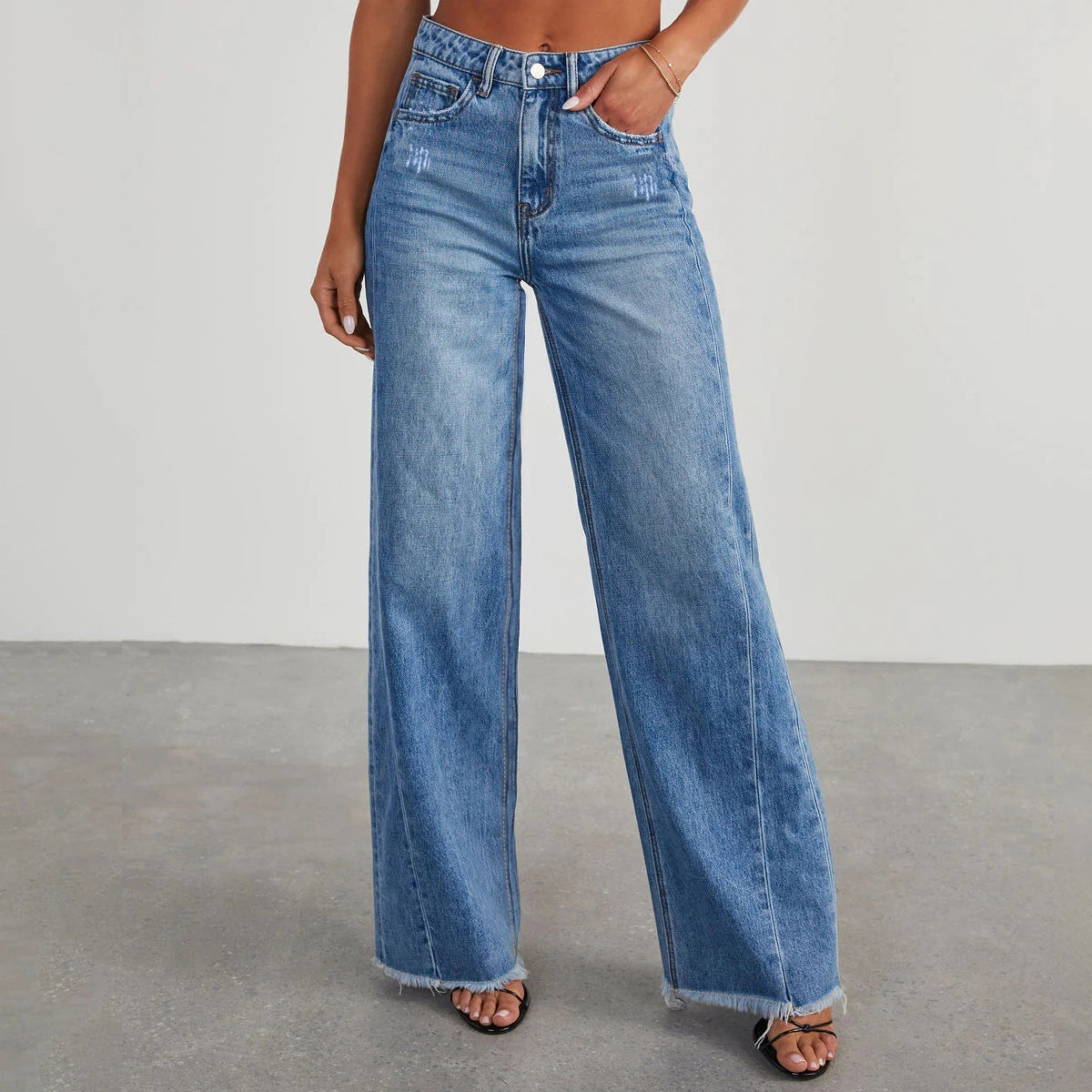 Faire/Lily Loose Straight Wash Jeans with Raw Edge - Necessities Boutique