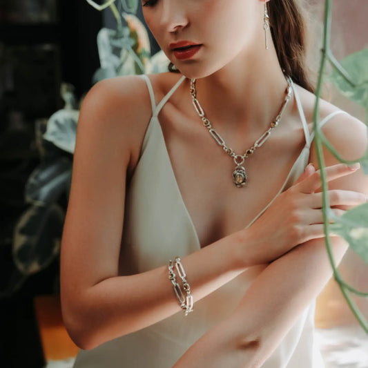 Chanour Silver Handmade Pewter Necklace w/ Golden Swarovski Crystals - Necessities Boutique