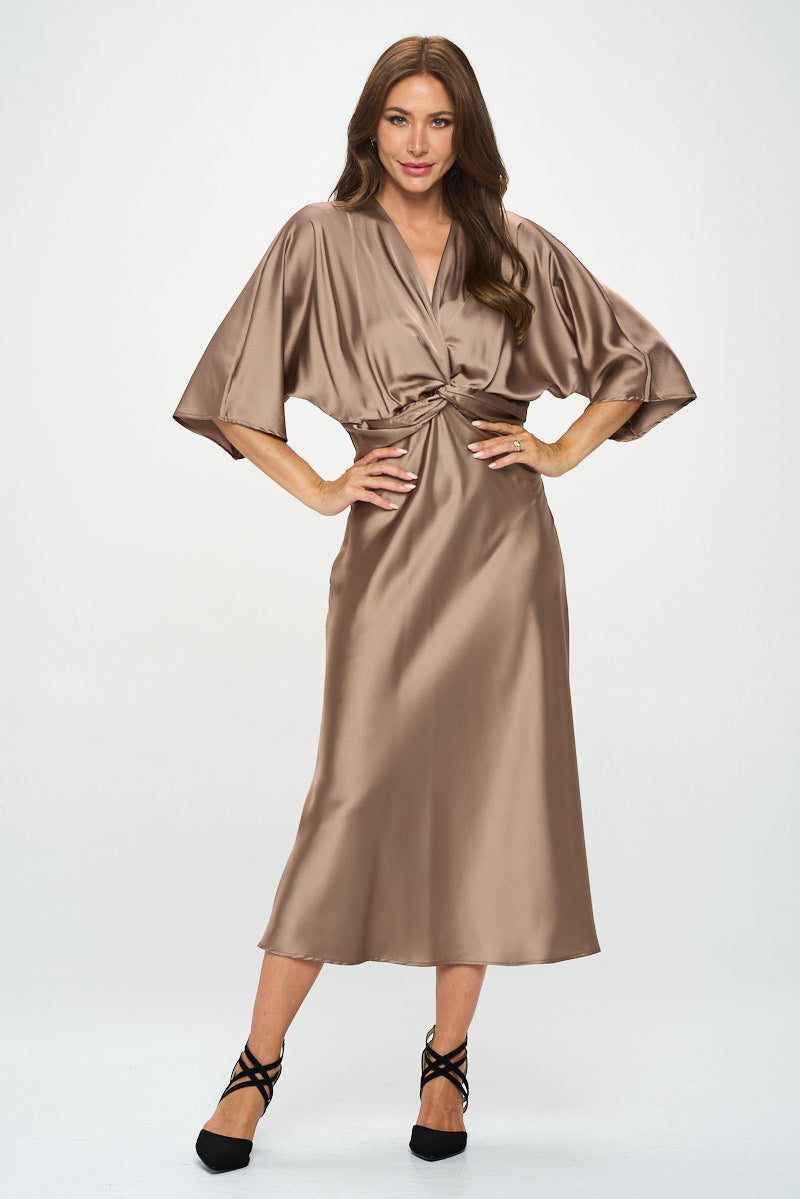 Renee C. Stretch Satin Solid Dress with Front Twist - Necessities Boutique