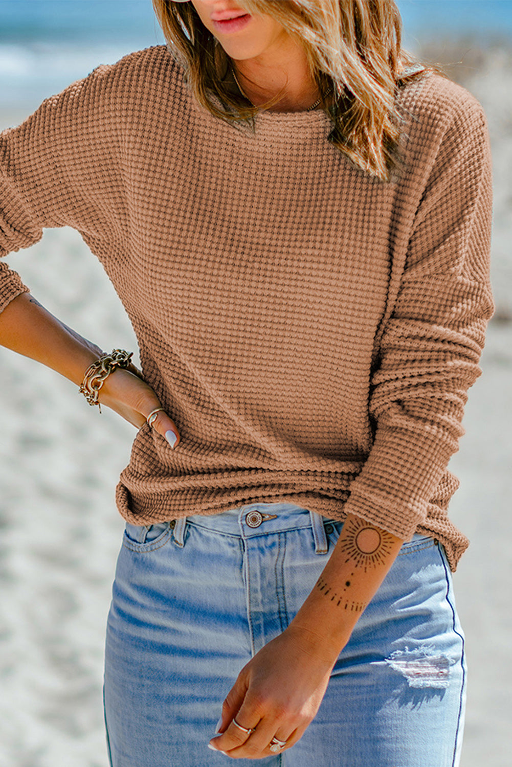 Shewin Waffle Knit Long Sleeve Top - Necessities Boutique