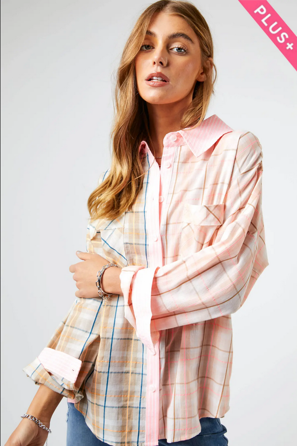 Davi & Dani Plus Neon Multi Plaid Button Down Blouse - Necessities Boutique