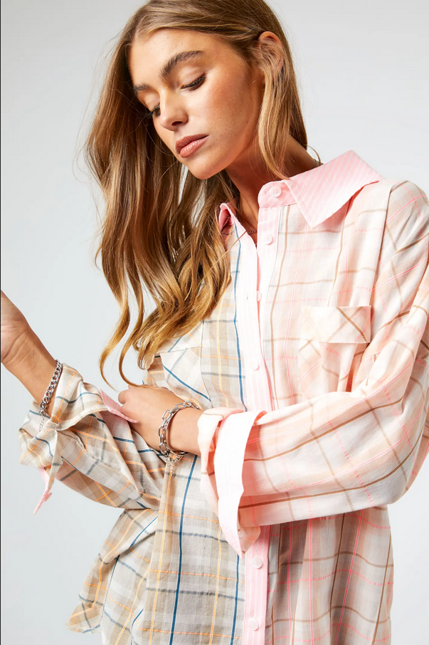 Davi & Dani Plus Neon Multi Plaid Button Down Blouse - Necessities Boutique