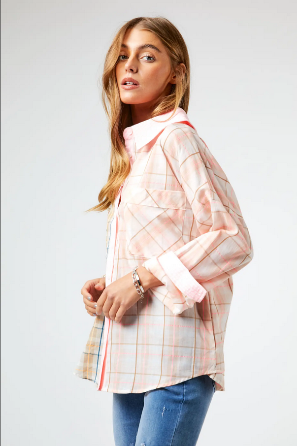 Davi & Dani Plus Neon Multi Plaid Button Down Blouse - Necessities Boutique