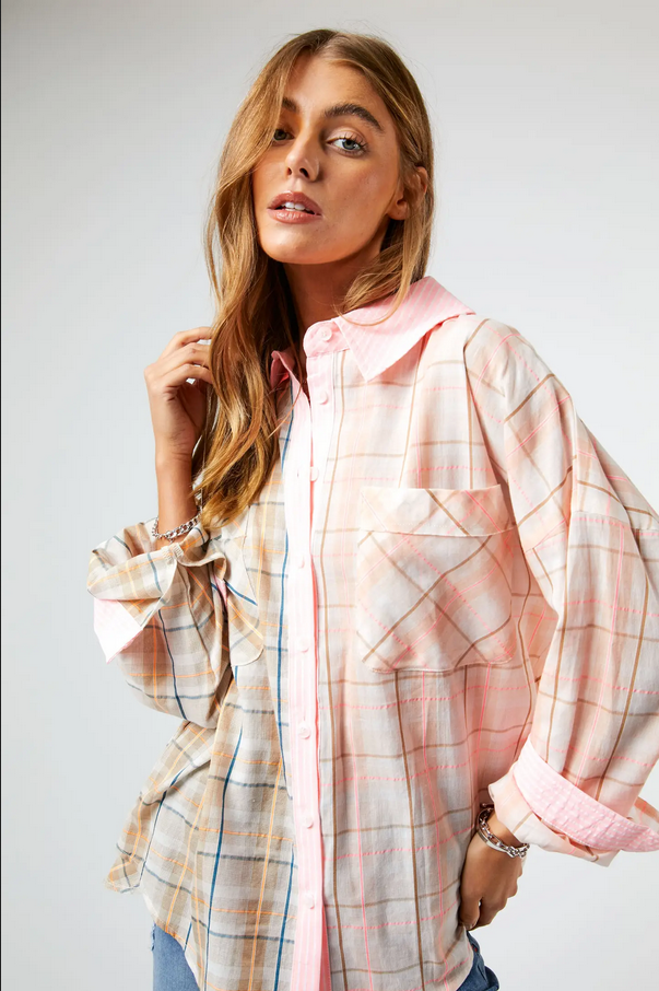 Davi & Dani Plus Neon Multi Plaid Button Down Blouse - Necessities Boutique