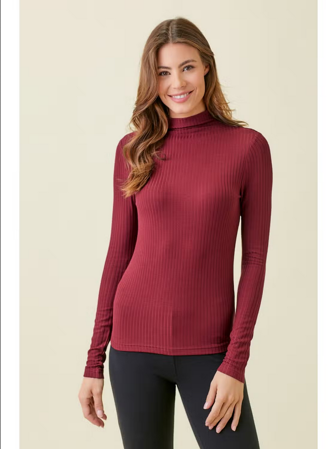 Mystree Ribbed Mock Neck Long Sleeve Top - Necessities Boutique