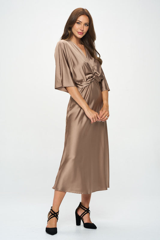 Renee C. Stretch Satin Solid Dress with Front Twist - Necessities Boutique