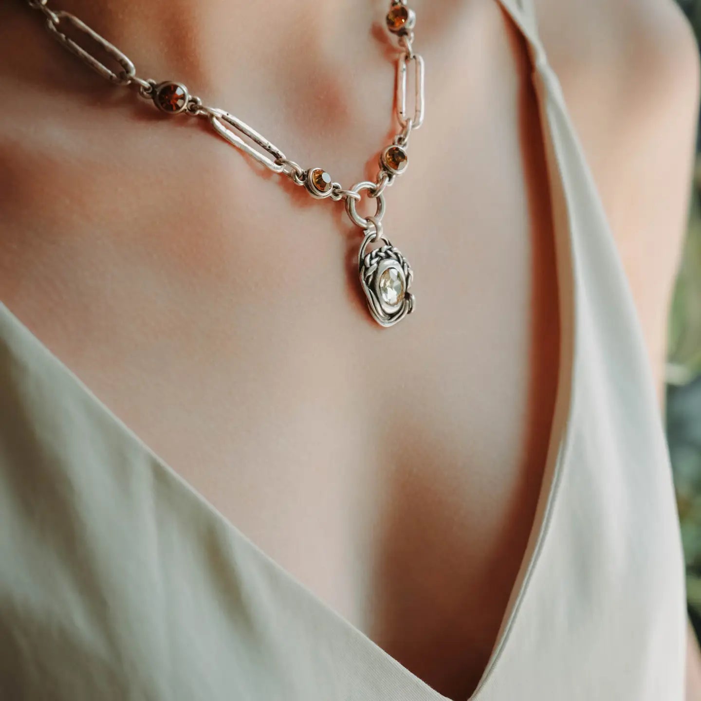 Chanour Silver Handmade Pewter Necklace w/ Golden Swarovski Crystals - Necessities Boutique