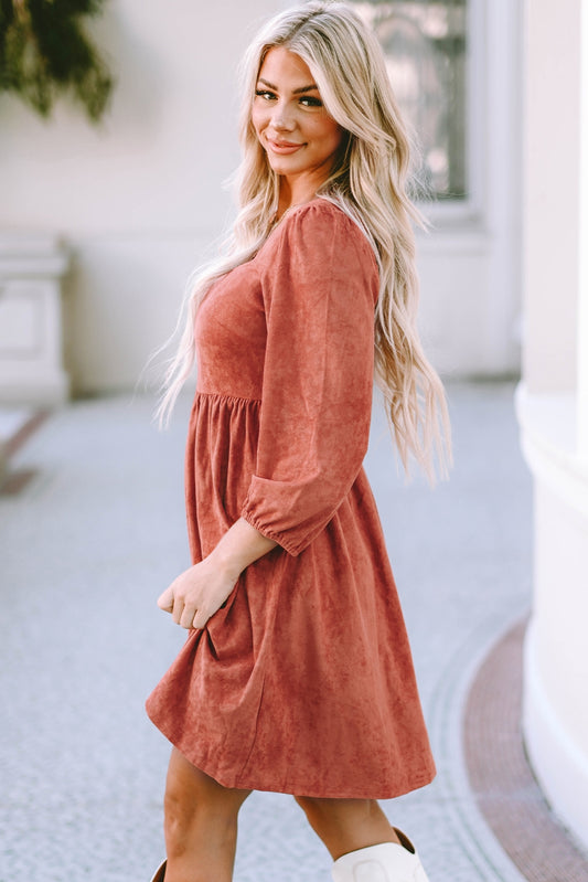 Shiying Brown Suede Square Neck Puff Sleeve Dress - Necessities Boutique
