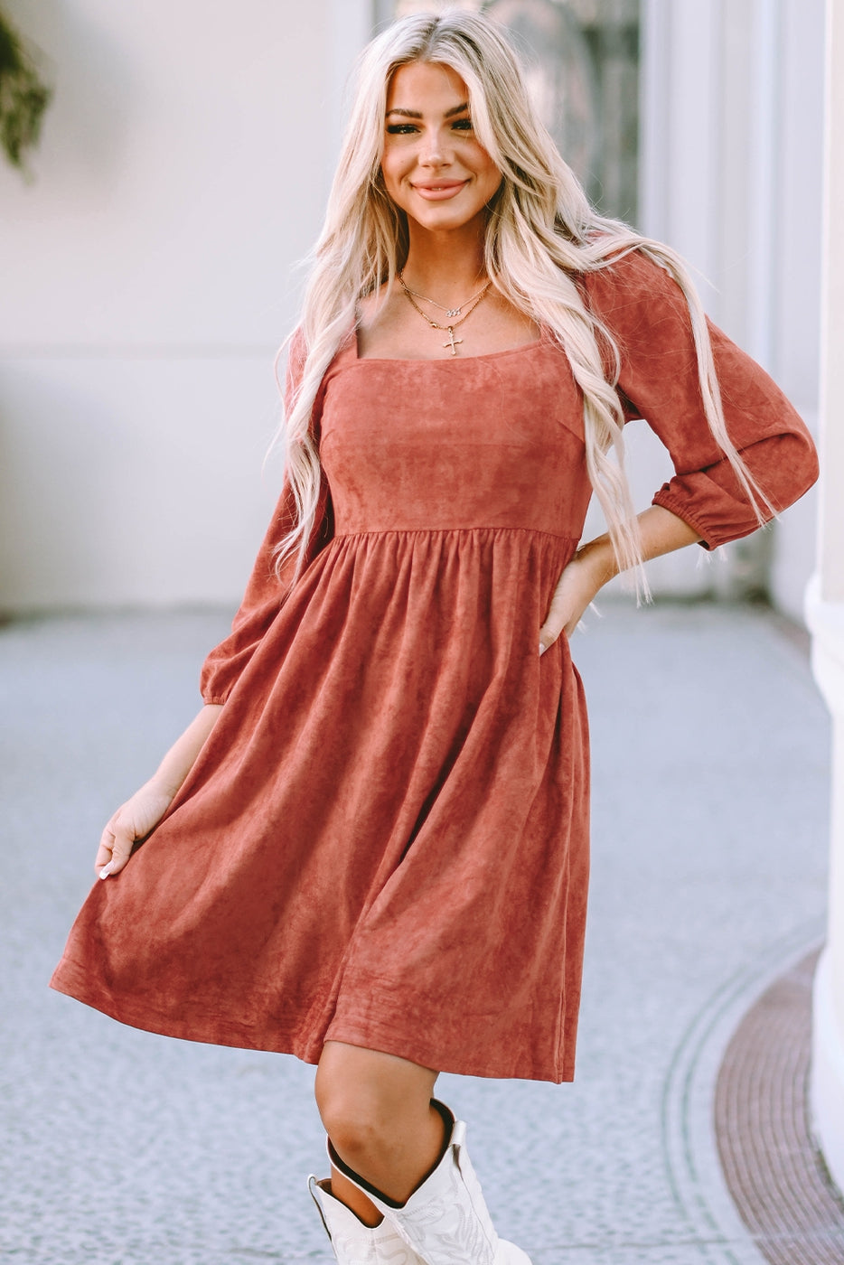 Shiying Brown Suede Square Neck Puff Sleeve Dress - Necessities Boutique