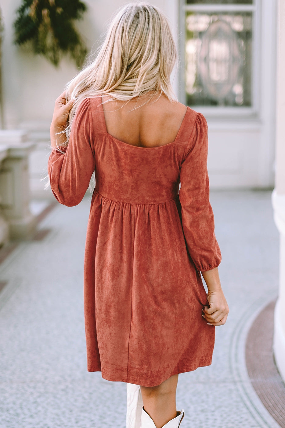 Shiying Brown Suede Square Neck Puff Sleeve Dress - Necessities Boutique