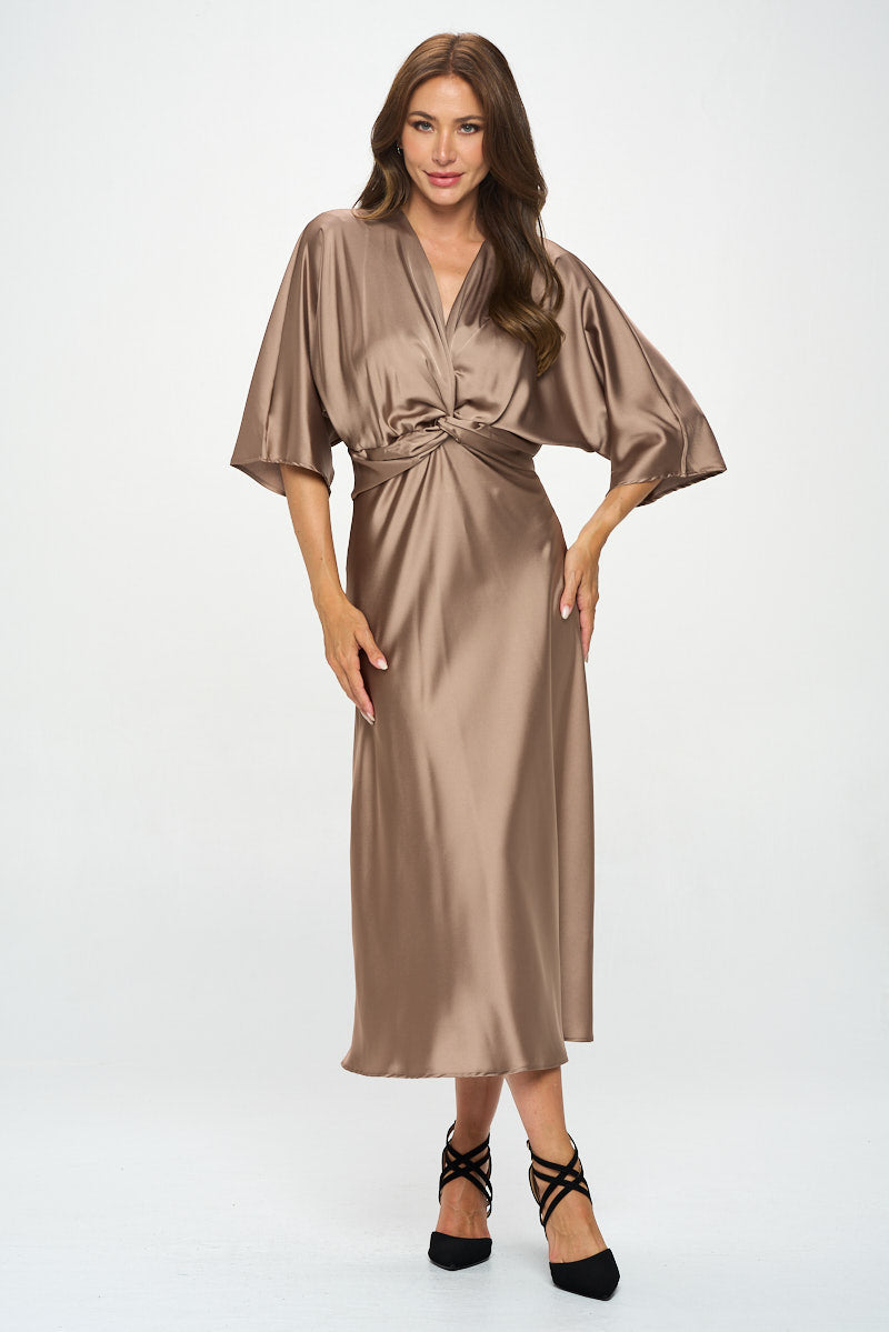 Renee C. Stretch Satin Solid Dress with Front Twist - Necessities Boutique