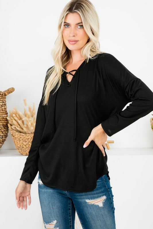 P & Rose Plus Size Ribbed Lace-Up Front Top - Necessities Boutique