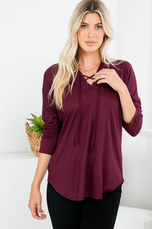 P & Rose Plus Size Ribbed Lace-Up Front Top - Necessities Boutique