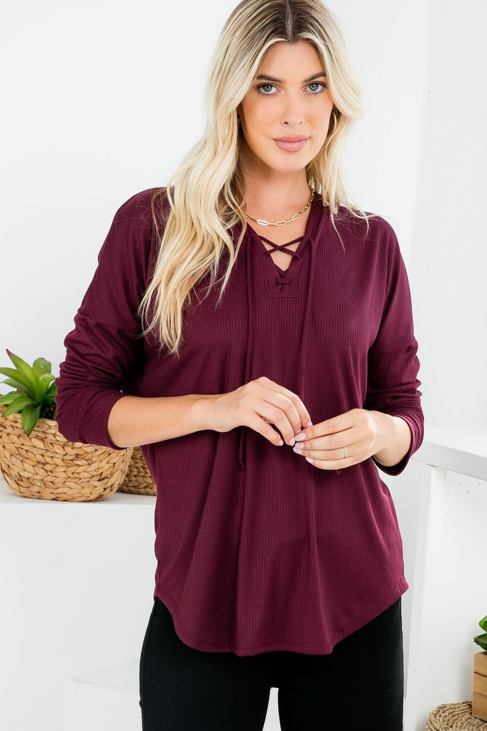 P & Rose Plus Size Ribbed Lace-Up Front Top - Necessities Boutique