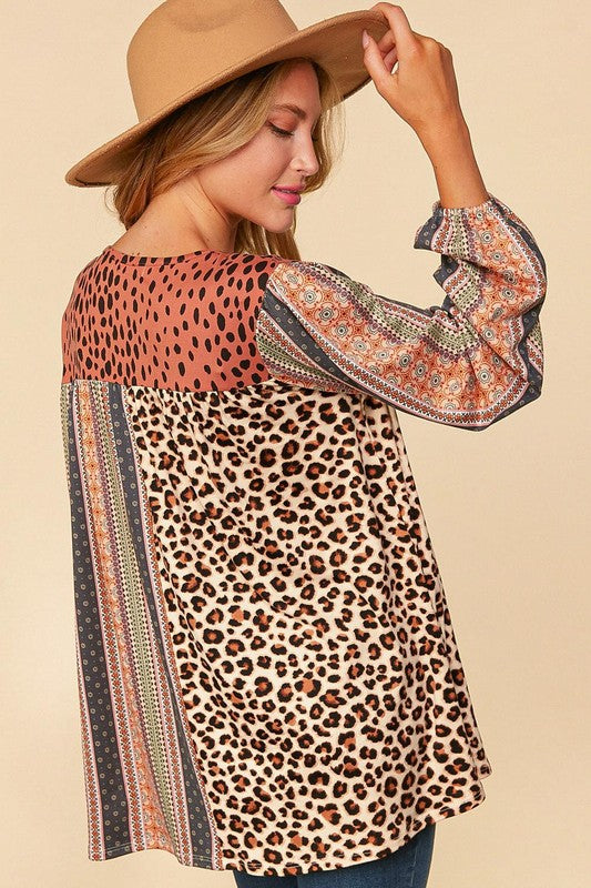 Haptics V-Neck Boho Animal Print Bubble Sleeve Top - Necessities Boutique