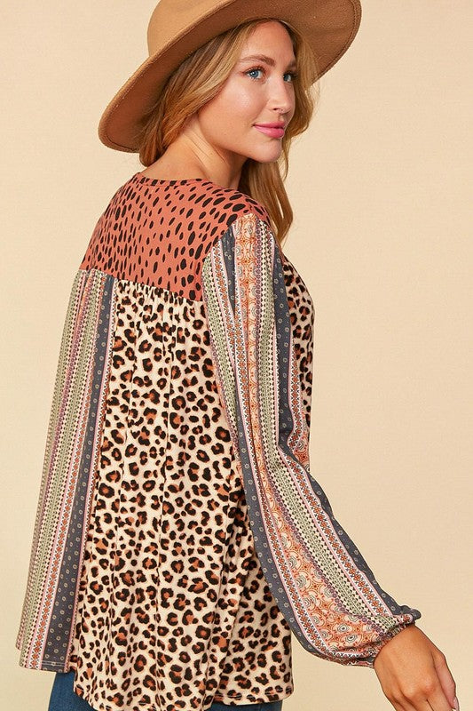 Haptics V-Neck Boho Animal Print Bubble Sleeve Top - Necessities Boutique