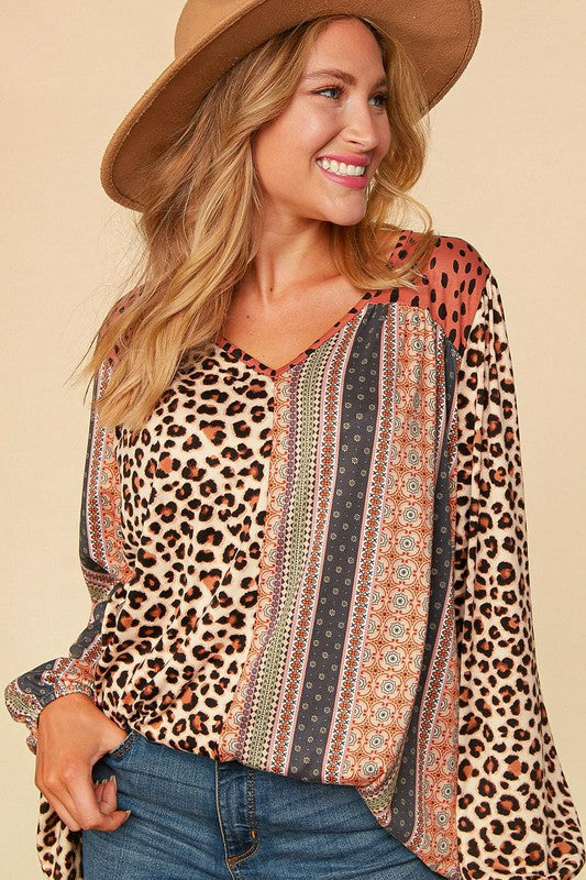 Haptics V-Neck Boho Animal Print Bubble Sleeve Top - Necessities Boutique