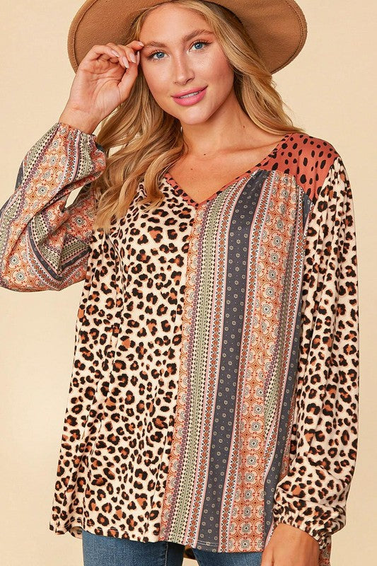Haptics V-Neck Boho Animal Print Bubble Sleeve Top - Necessities Boutique