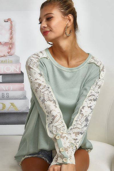 BiBi Sage Green Thermal Knit Top w/ Lace Detail