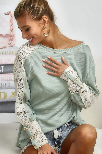 BiBi Sage Green Thermal Knit Top w/ Lace Detail