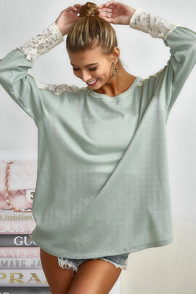 BiBi Sage Green Thermal Knit Top w/ Lace Detail