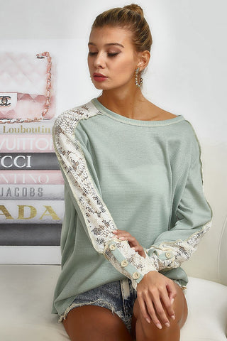 BiBi Sage Green Thermal Knit Top w/ Lace Detail