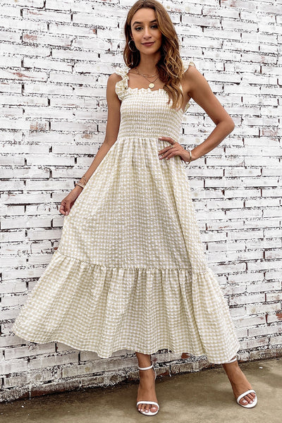 Shewin Gingham Ruffled Strap Smocked Dress