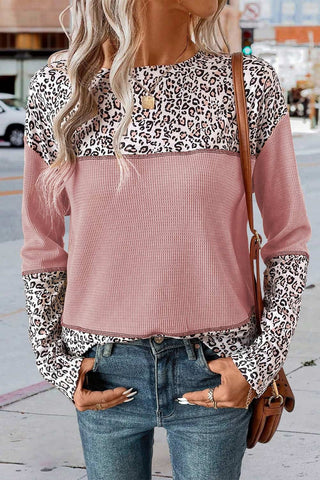 Leopard Print Waffle Knit Patchwork Top