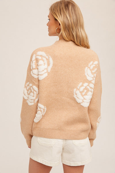 Hem & Thread Mock Neck Floral Texture Detail Sweater