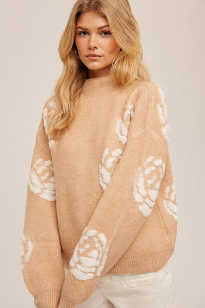 Hem & Thread Mock Neck Floral Texture Detail Sweater