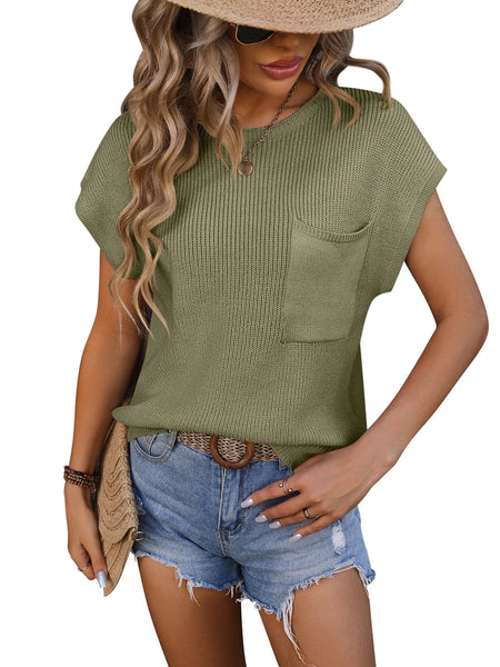 Lovesoft Crewneck Pocket Trim Top Short-Sleeved Sweater