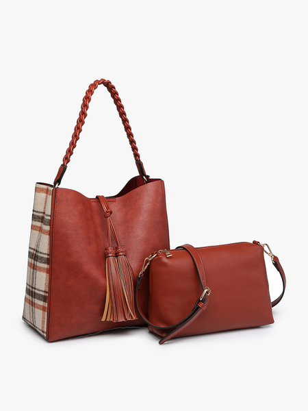 Jen & Co Dina Plaid Contrast Tote w/ Tassel