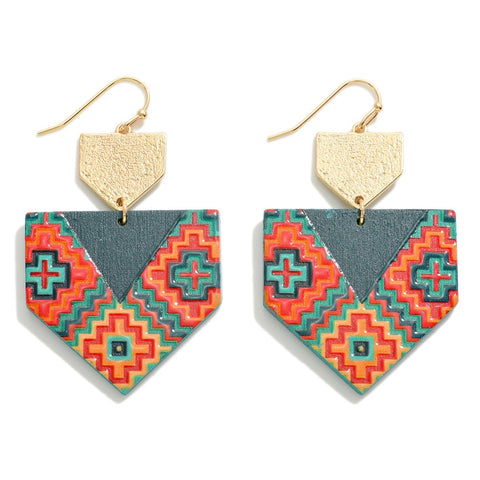 Influence Aztec Pattern Pentagonal Wood Drop Earrings