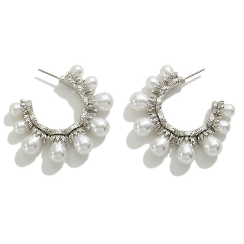 Euro Collection Chunky Pearl Studded Drop Hoop Earring