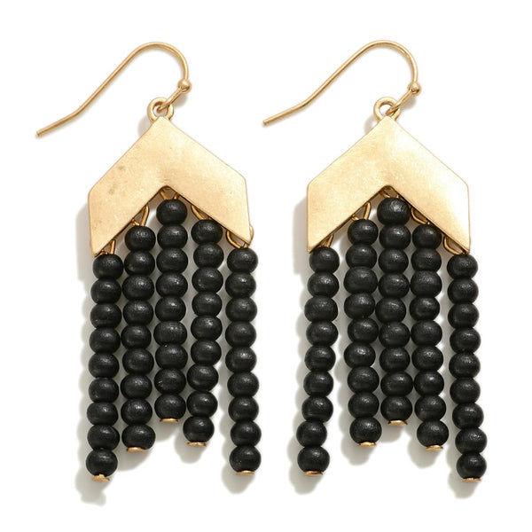 Influence NY Gold Tone Chevron Drop Earring With Wood Beaded Tassels