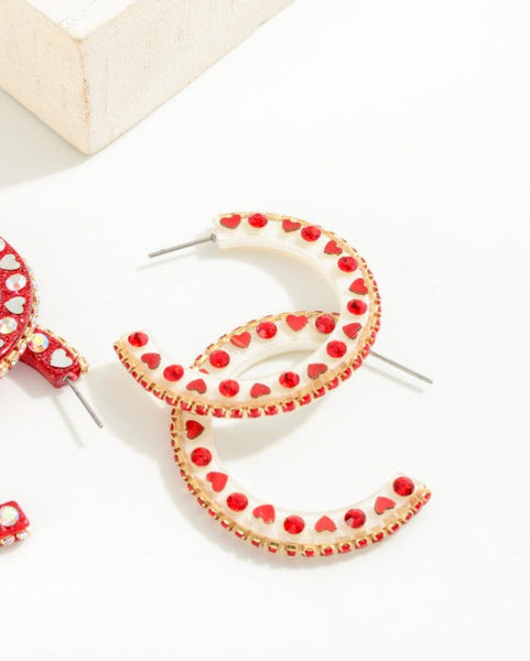 White/Red Rhinestone Heart Studded Resin Drop Hoop Earring