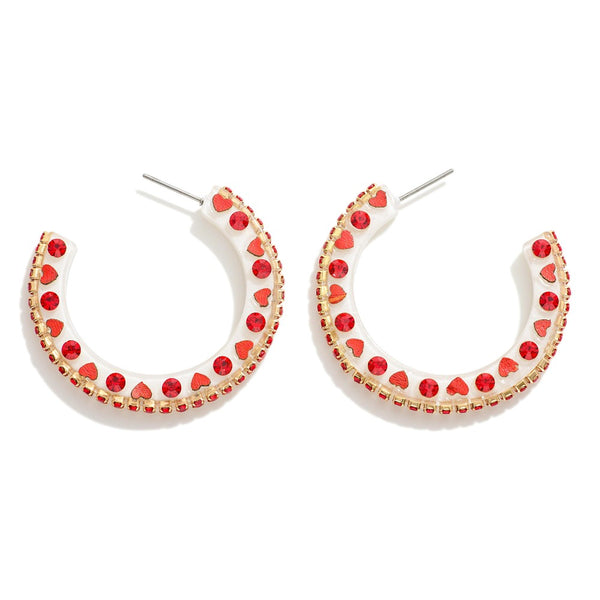 White/Red Rhinestone Heart Studded Resin Drop Hoop Earring