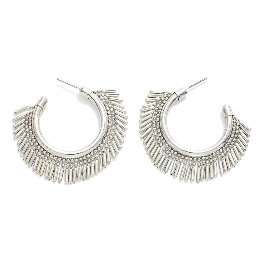 Pomina Silver Metal Tone Ball Chain Tassel Hoop Earrings