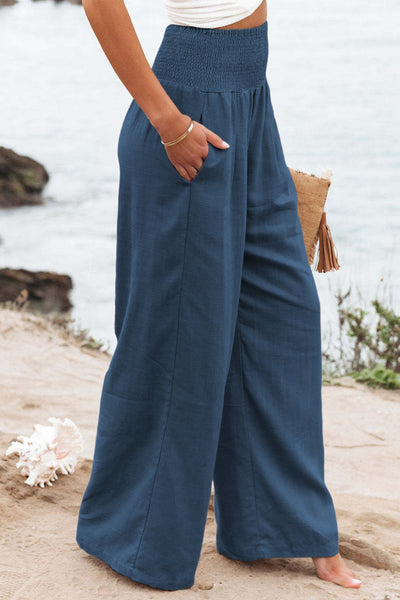 Shiying Smocked Wide Waistband Wide Leg Pants