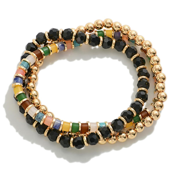 Euro Collection Set of Three Gold Accented Stretch Bracelet Set