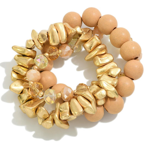 Bodlure Tan & Soft Gold Stretch Bracelet Set
