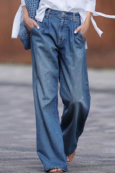 Shiying Pleated Wide Leg Denim Pants