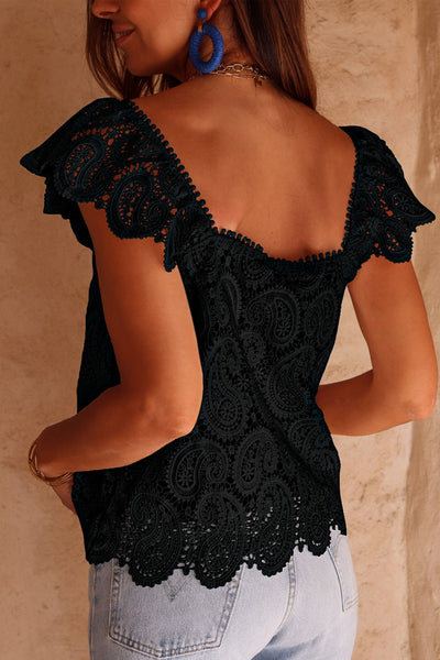 Shewin Crochet Lace Flutter Sleeve Square Neck Top