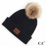 C.C. Diagonal Stripe Knit Pattern Pom Beanie - Necessities Boutique